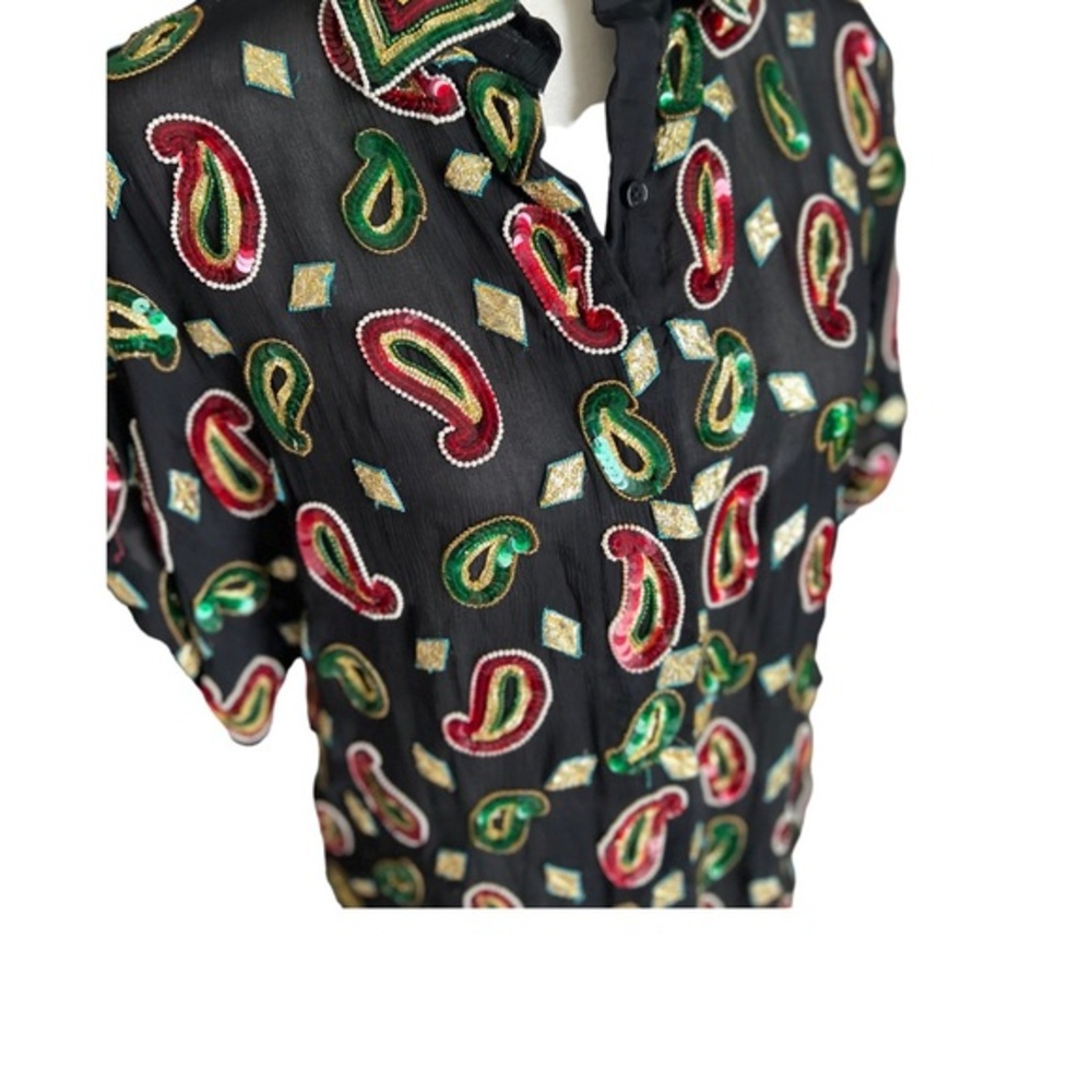 Vintage Sequin Paisley Women’s Short Sleeve Blouse Size M